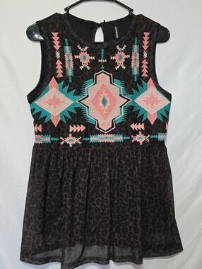 Crazy Train Western Aztec Embroidered Leopard Peplum Tank Top Size XS